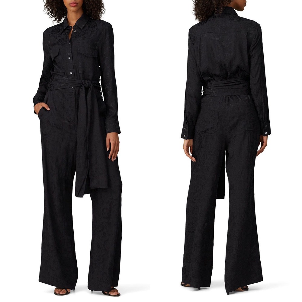 STAUD Belle Jumpsuit Sz Large Black Floral Jacquard Tie Waist Wide Leg Chic Sexy